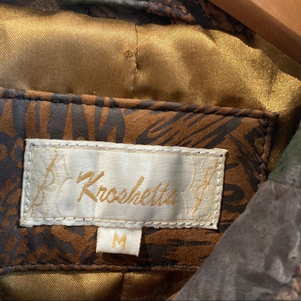 KROSHETTA Sz M Leather Patchwork Knee Length Colourful Lined Coat with Pockets - Picture 5 of 11